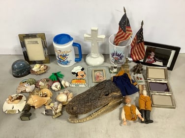 Various Magnets, Ceramic Cross Decor, Mugs, Taxidermy Alligator Head (9in Long)