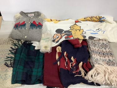 Scarves, Disney beach towel, Orvis sweater(size N/A), and more
