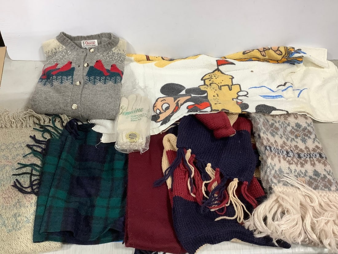 Scarves, Disney beach towel, Orvis sweater(size N/A), and more: Scarves, Disney beach towel, Orvis sweater(size N/A), and more