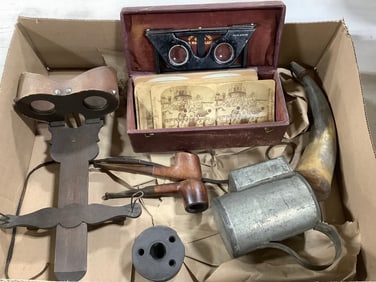 Vintage wooden pipes, slide viewer, and more