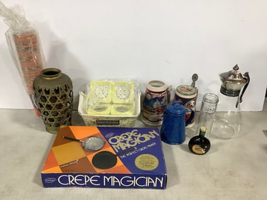 Crepe Magician crepe maker, 1999 Anheuser-Busch stein, pitcher, and more(11.5in.tallest)