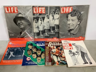 Life magazines, The World of Bob Hope magazine, and baseball magazines
