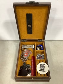 Vintage pins, bage, and more in vinatge case organizer(10in.x7in.x3in.)