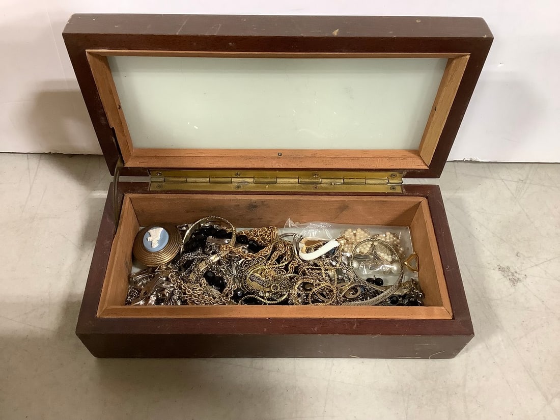 Costume jewelry in wooden organizer(9in.x4.5in.x3in.) (1 of 1)