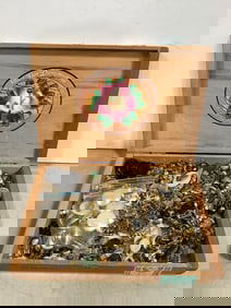 Costume jewelry in vintage cigar box(11in.x8in.x2in.)