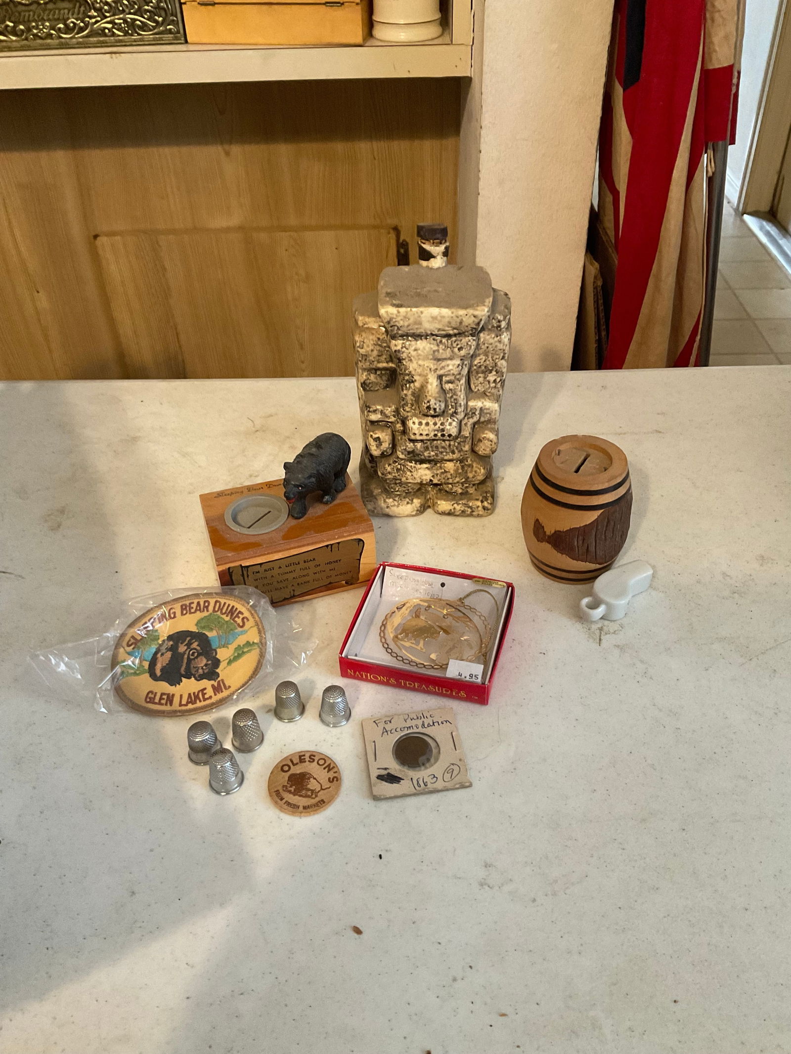 1863 Public Accomination copper coin, decanter and more: 1863 Public Accomination copper coin, decanter and more