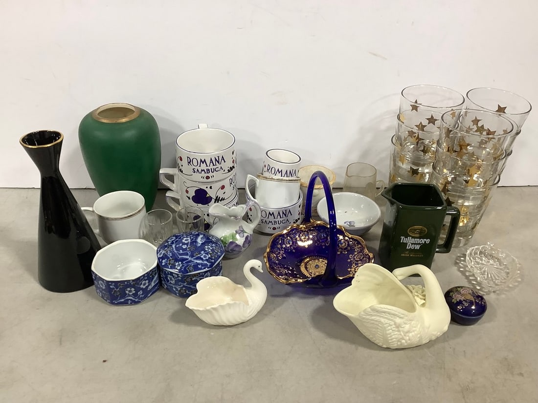 Various Glasses, Ceramic Cups, Pitcher, Glass Basket, Ceramic Swans, and more (1 of 1)
