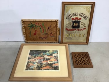 Framed and Signed 'Colonial Rooftops' Art Print, Florida Wooden Tray, Whisky Mirror, and more