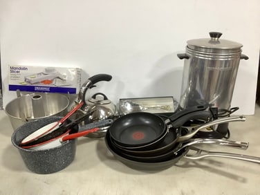 Mandolin Slicer, Mirro-Matic Coffeemaker (16.25in Tall), Kettle, Various Pots/Pans, and more