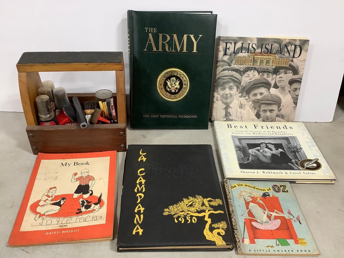 Various Books (The U.S. Army, Ellis Island, La Campana, and more) and Shoe Cleaning Kit in Wooden (1 of 1)