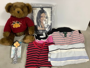 Various Sweaters (Ralph Lauren, Liz Clareborn, etc - sizes vary), Fashion Bob Wig, Teddy Bear, and