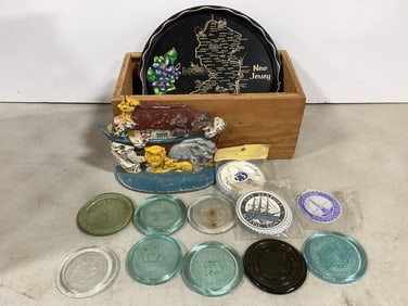 New Jersey Tin Plate (11in), Cast Iron Doorstop, Glass Coasters, and more