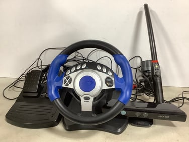 Intec Steering Wheel and Brake/Gas Pedal Attachments, Xbox Fishing Rod and Camera