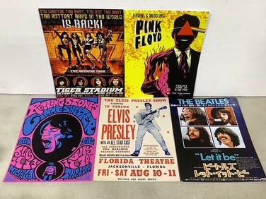 Rock Concert Repo Card Stock Poster Lot - Kiss, Stones, Beatles, Elvis, and more