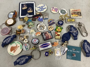 Vintage Pin, Button & Key Ring Lot