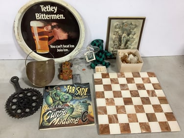 Vintage Lighter, Tin Plate, Marble Chess Board with Pieces, and more