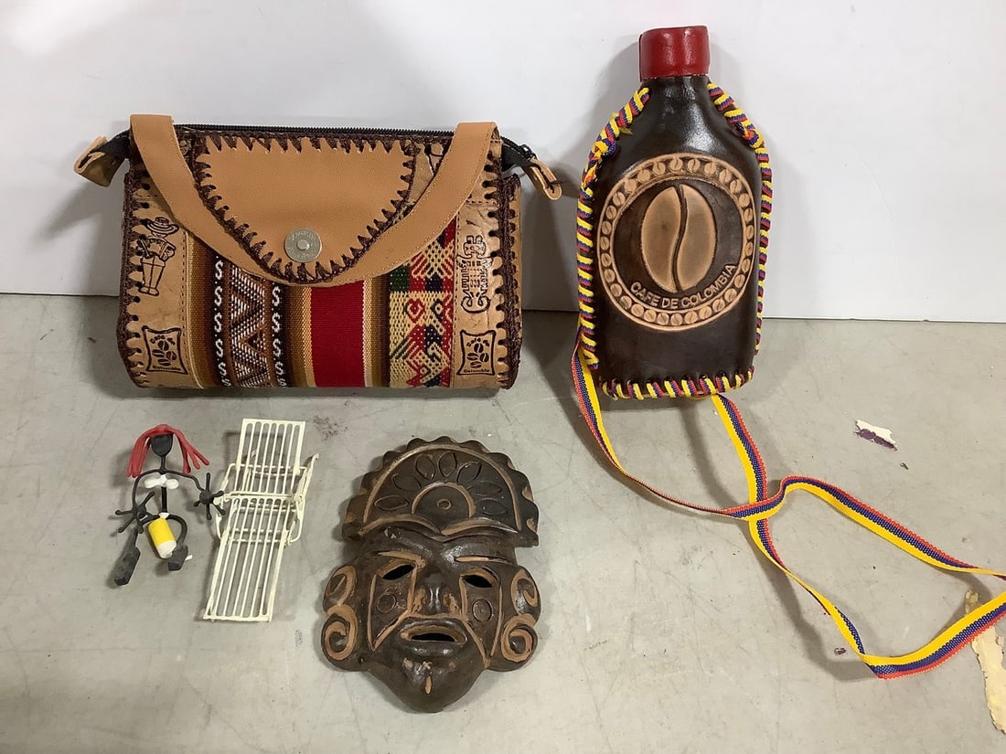 Handcarved wooden tribal mask(6in.long), handbag/bottle cover from Colombia, and more: Handcarved wooden tribal mask(6in.long), handbag/bottle cover from Colombia, and more