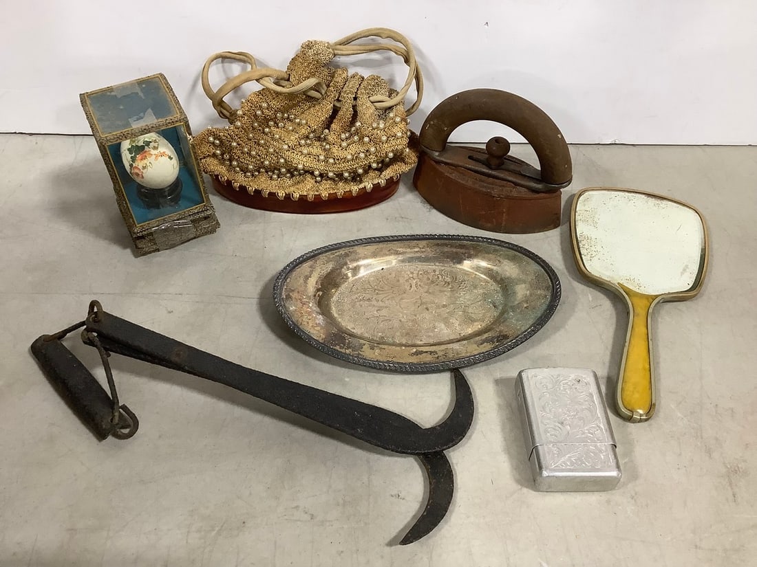 Vintage Makeup Bag, Decorative Egg in Case, Handheld Mirror, Cast Iron Sad Iron, and more (1 of 1)