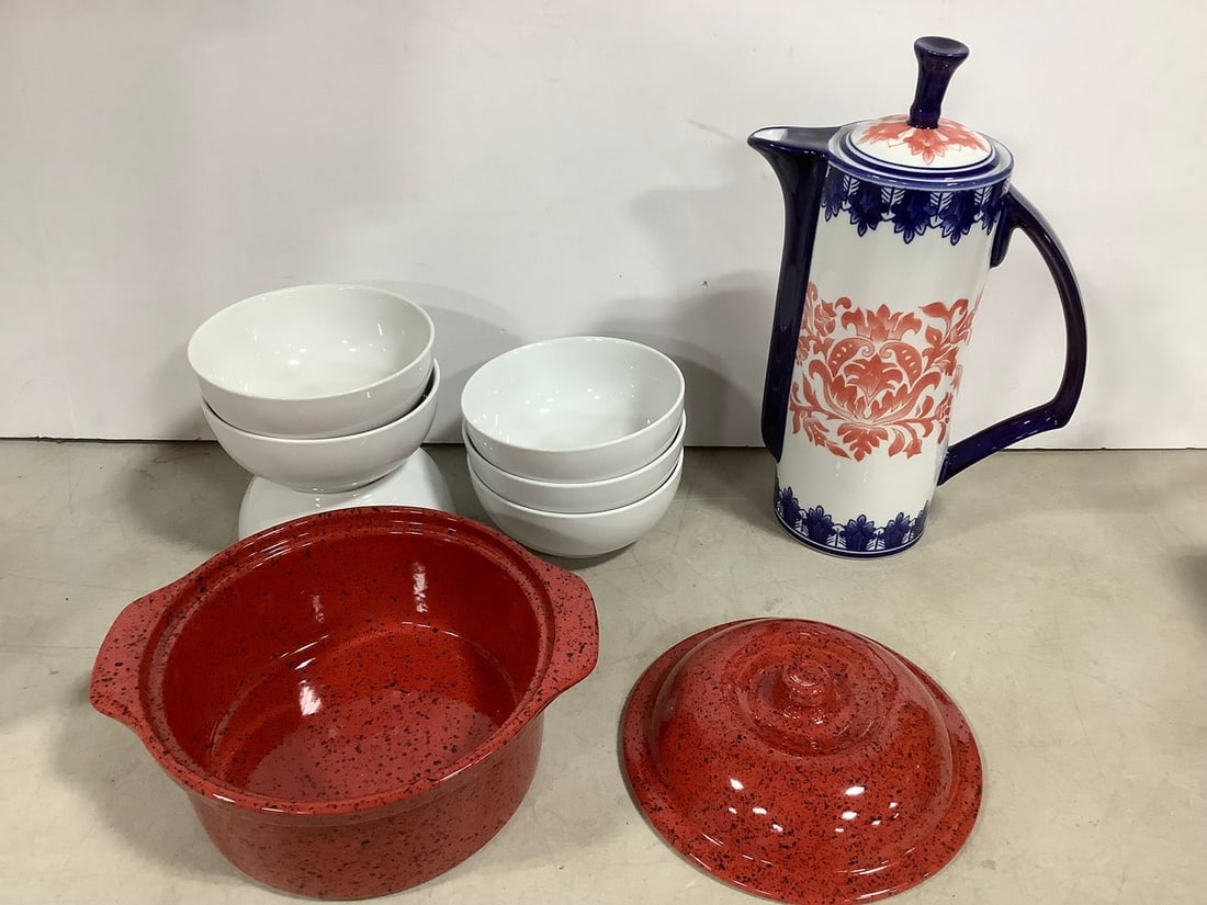 Bombay Pitcher, Ceramic Bowls, and Pot with Lid (Tallest - 12.5in) (1 of 1)