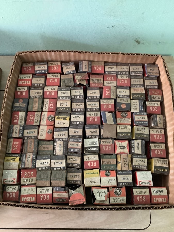 Box full of vintage electron tubes