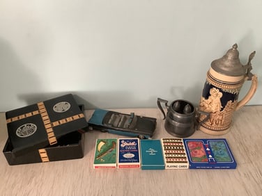 Vintage salt/pepper shakers, cigar box, ,stein, and more(11in.tallest)
