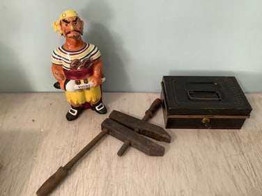 Decanter by Swank Spanish Main, lockbox with key, and vintage clamp