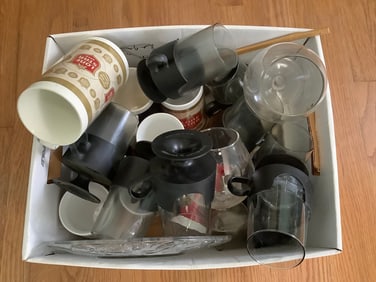 Corningware, drinking glasses, and 1960's thermos beer mugs