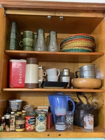 Advertising cans, 50's/60s Fire King thermos, Coca Cola glasses, and more