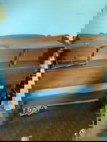 Vintage wood twin bed, bookshelf headboard