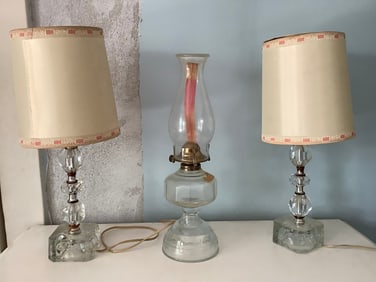 Kerosene lamp and 1960s cut glass lamps