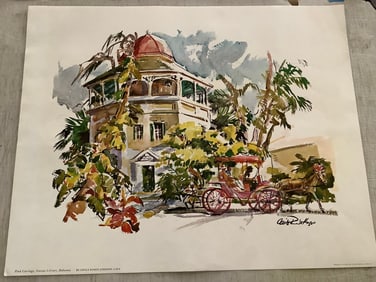 Pink Carriage Nassau Library, Bahamas signed art print(15.5in.x19.5in.)