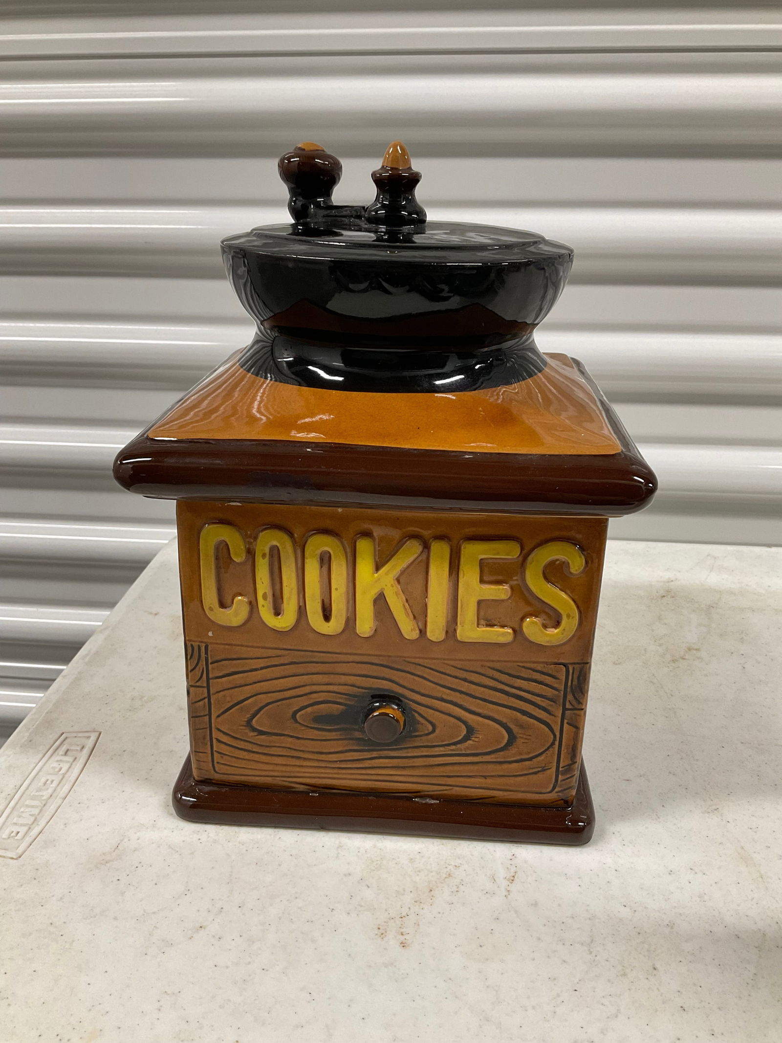 vintage porcelain coffee grinder cookie jar