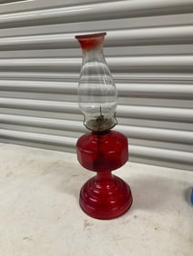 Vintage Early American Red Flash oil lamp 18in