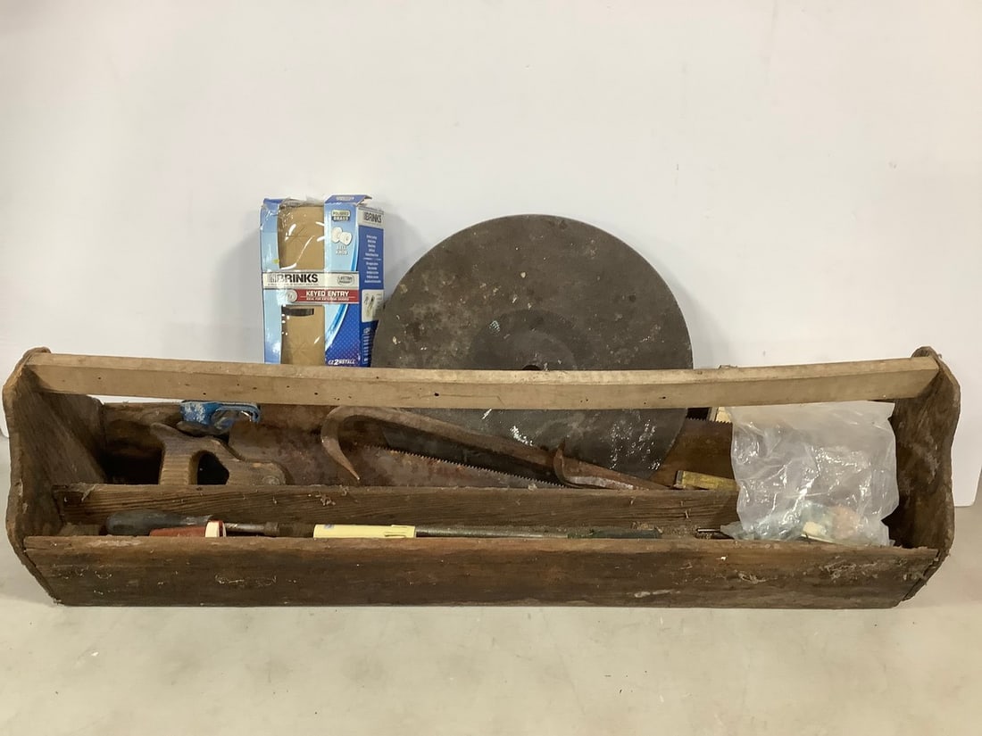 Wooden Crate with Vintage Tools and Supplies (10inx35.25inx9in): Wooden Crate with Vintage Tools and Supplies (10inx35.25inx9in)