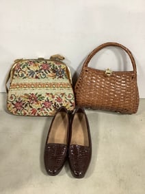 Various Handbags and Clarks Artisan Dress Shoes(Size: 8.5in)
