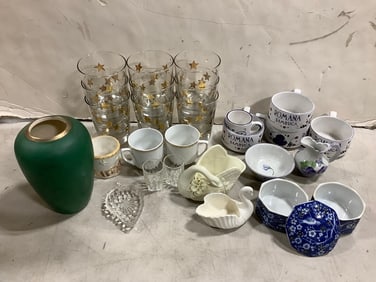1976 Blue Koyote ceramic containers, FTD vase(7.5in.tall), drinking glasses, and more