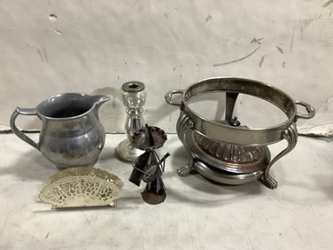 Metal art deco statue, pitcher, napkin holder, and more(7.5in.tallest)