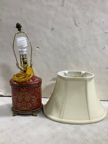 Brass and ceramic porcelain floral theme lamp with shade(16.25in.tall)
