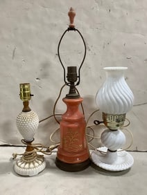 Vintage milk glass table lamp, milk glass hurricane lamp, and more(tallest 21in.)
