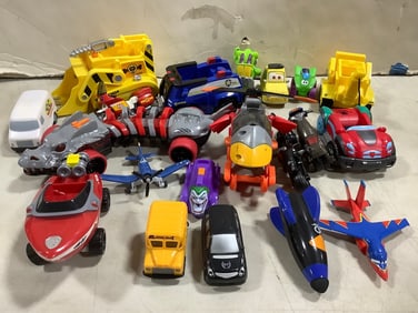 Various toy cars, airplanes, and more