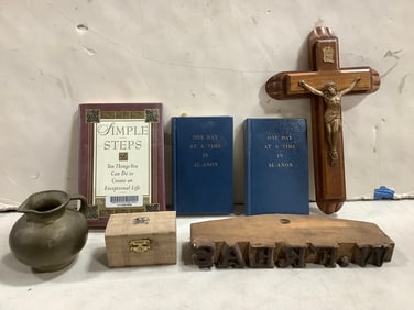 Vintage pitcher(4in.tall), books, religious decor, and more