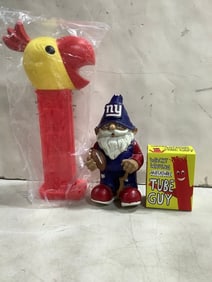 NY Giants gnome(chipped on top), Wacky Waving Inflatable Tube Guy, and large PEZ