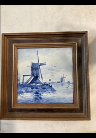Blue Transfer of Ceramic Artwork Framed From Holland 9x9