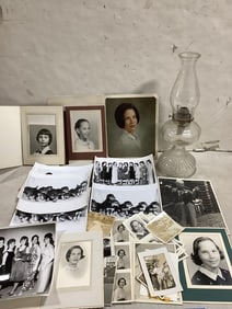Vintage oil kerosene lamp(18in.tall) and vintage photographs