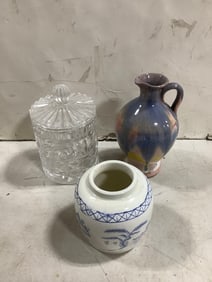 Glass container, decorative pitcher , and decorative vase(tallest about 5in.)