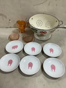 Colander(5in.tall), small plates, glass pitcher, and more