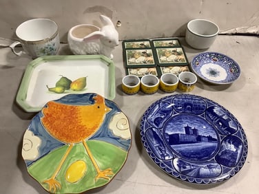 Ceramic rabbit planter(4.5in.tall), Staffordshire blue transfer plate, coasters, and more