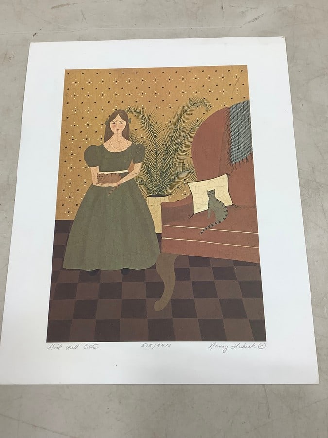 Girl With Cats art print signed by Nancy Lubeck(7.5in.x10.5-515/950) (1 of 1)