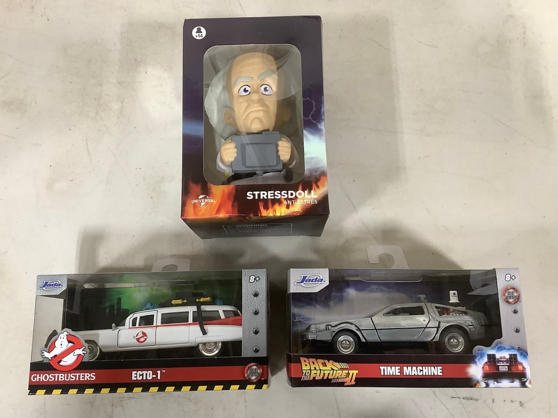 Ghostbusters Ecto-1, Back to the Future II Time Machine, and Back to the Future stress doll(all (1 of 1)