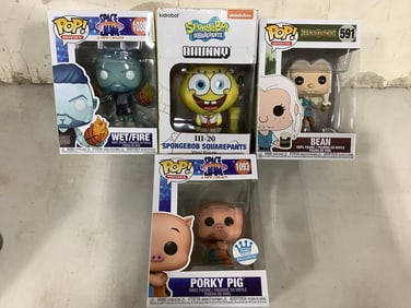 Funko Pop collectible figures(Porky Pig, Bean, Wet/Fire) and Spongebob Bhunny kidrobot figure
